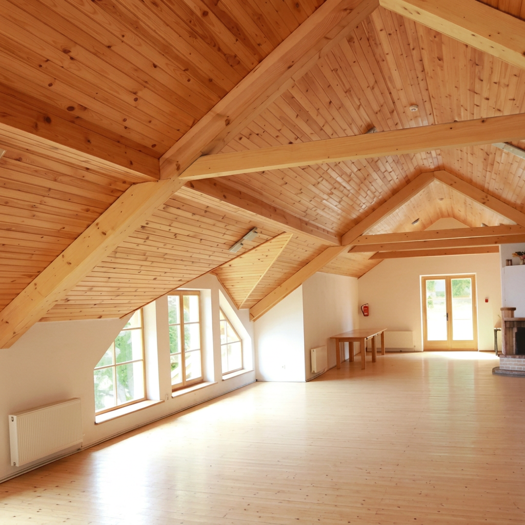 Ruime zolder met houten balkenconstructie en lichte afwerking