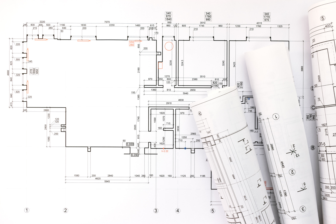 architect rolls and plans, technical project drawing